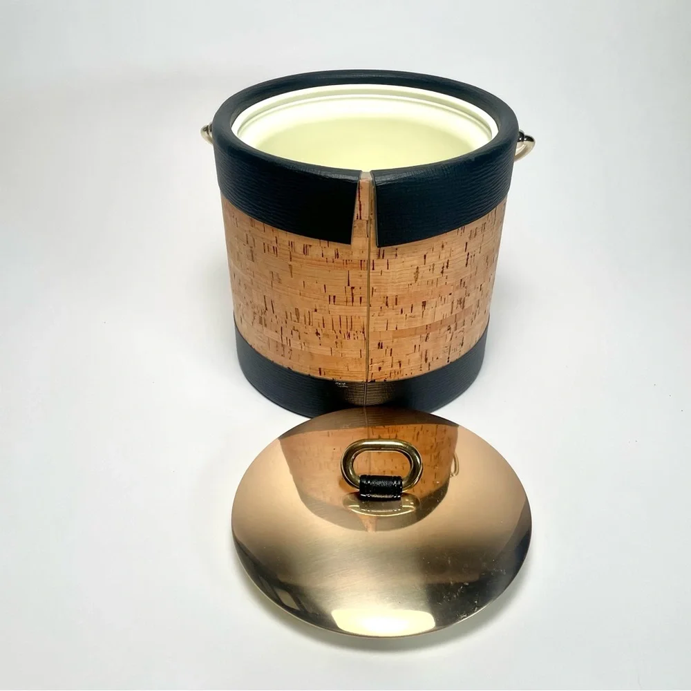 Vintage Kraftware Cork, Faux Black Leather & Gold Ice Bucket 8” With Box MCM
